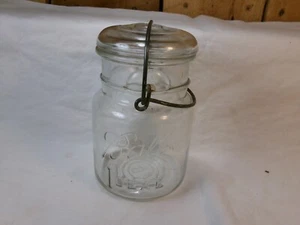Antique 1908 Ball Ideal Clear Glass Pint Canning Jar with Wire Bail Glass Lid - Picture 1 of 7