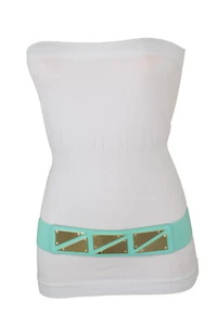 Women Mint Green Blue Elastic Hip High Waist Belt Gold Metal Triangle Buckle S M - Picture 1 of 24