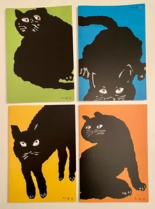 4 Iwao Akiyama Cats 5 x 7 cards after woodblock print originals Black Kitties - Picture 1 of 7