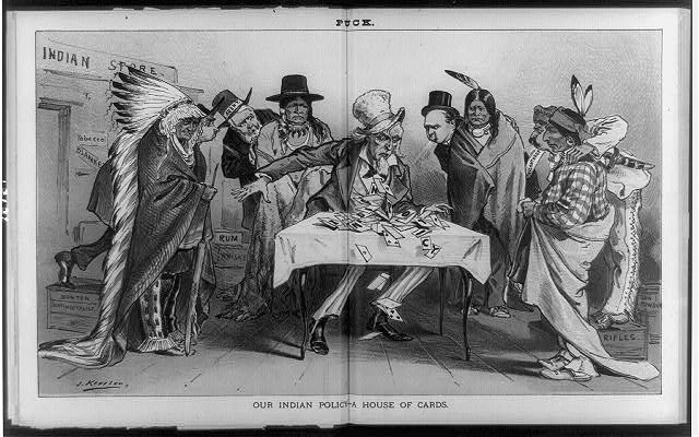 Nuestra política india, casa de naipes, Tío Sam, relaciones gubernamentales, J Keppler, 1881 Foto 1 de 1