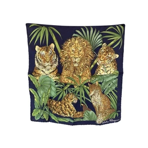 Authentic Salvatore Ferragamo Vintage Blue Tiger Lion Neck Scarf Pocket Square - Picture 1 of 5