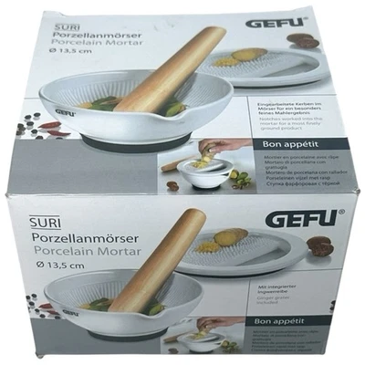 Gefu Porcelain Mortar and Wooden Pestle with Ginger Grater. NEW FREE SHIPPING! - Image 1 of 3