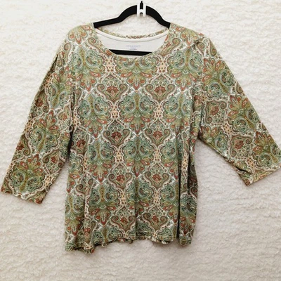 T-Shirt 2X Paisley Rust Green Soft Boho Whimsycore Retro Heritage Casual Autumn - Image 1 of 4