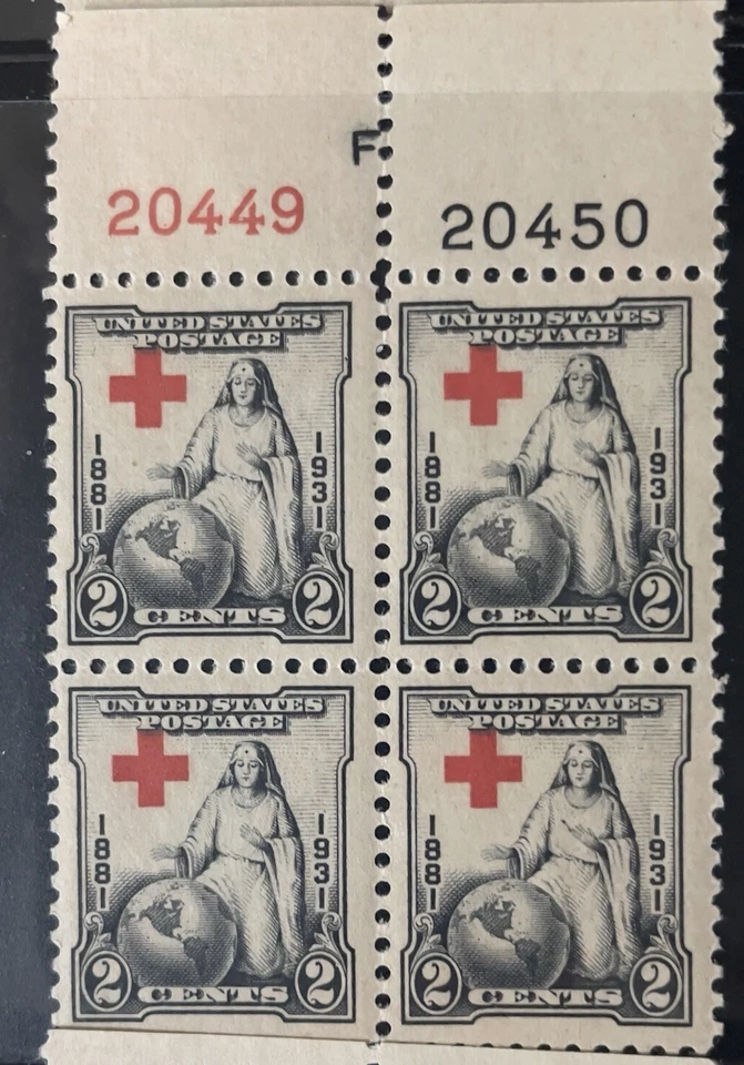 Scott 702, 2c Red Cross, Plate block/4, Top #s20449(R)/20450(B) MNH Free Ship - Image 1 of 1