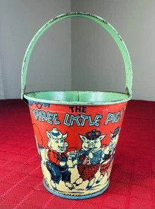 Antike drei kleine Schweinchen Blech Bonboniere Eimer - J Chein Blech Litho Spielzeug - Bild 1 von 10