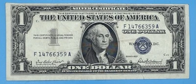 One Dollar 1957 $1 Blue Seal Silver Certificate Note Serial: F 14766359 A - Image 1 of 3