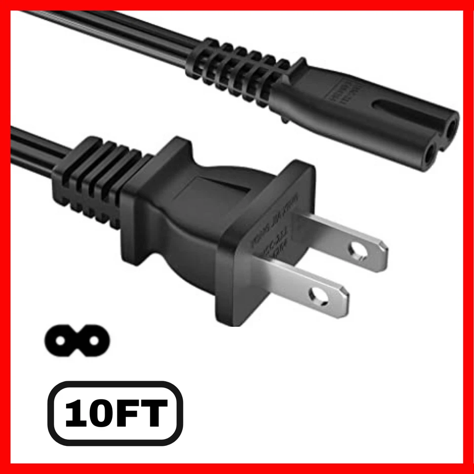 Cable de alimentación de TV inteligente de 2 clavijas de 10 pies, cable de alimentación de CA para Samsung LG TCL Hisense Foto 1 de 1
