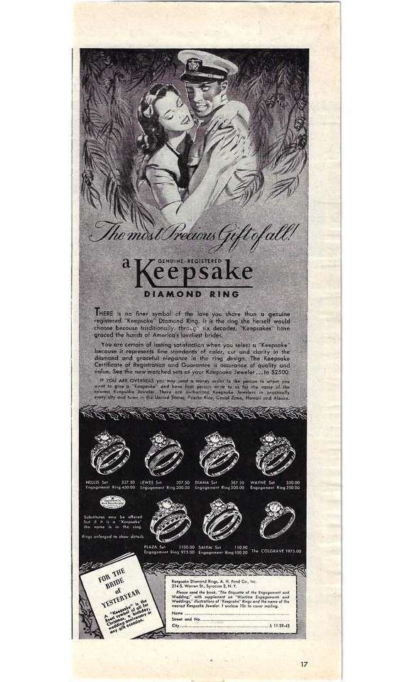 Anuncio impreso de anillos de diamantes de recuerdo Segunda Guerra Mundial anuncio vintage novia militar 1943 Foto 1 de 1