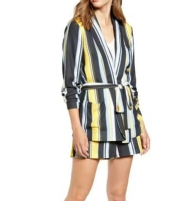 Blazer Halógeno Azul Amarillo Rayas Mantón Cuello Manga Larga Corbata Cintura Bolsillo M Foto 1 de 4