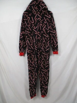 Candy Canes Union Suit Pajamas Womens XS Black Hooded Zip Up Christmas - Image 1 of 4