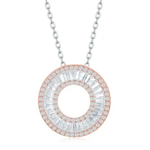 Sterling Silver Rose Gold Plated Baguette CZ Open Circle Necklace - Picture 1 of 1