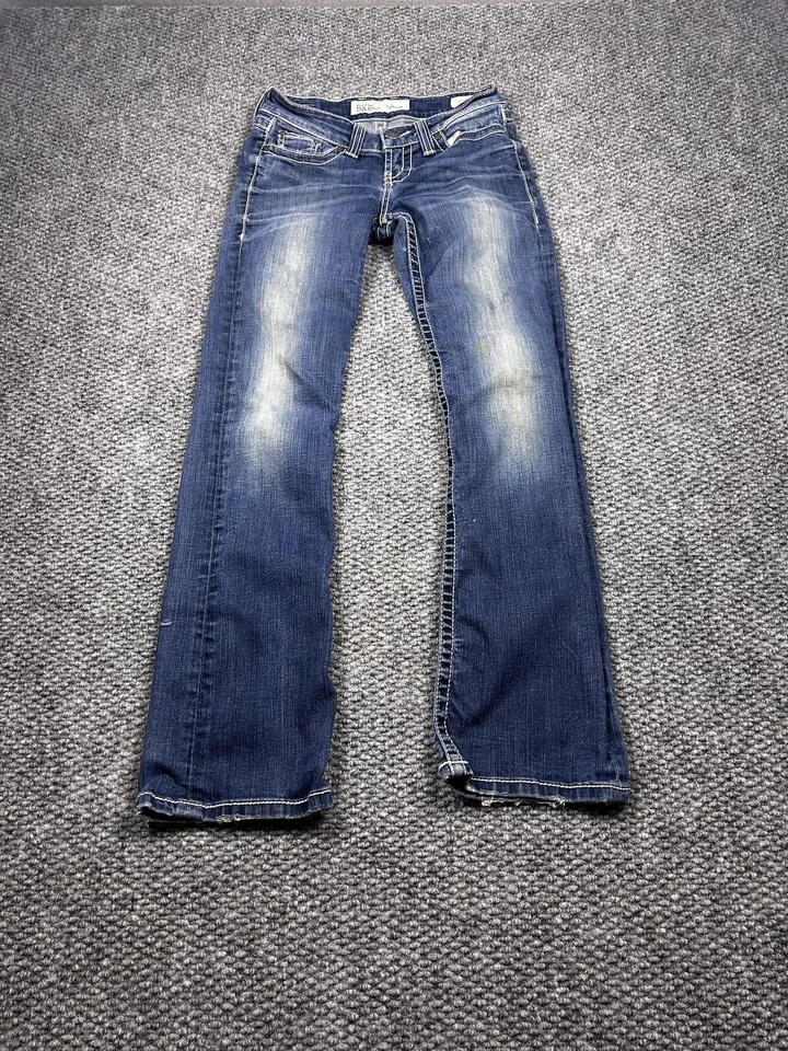 BKE 牛仔文化牛仔裤女式 27R 蓝色靴型对比缝线破旧 — 第 1/4 张图片