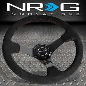 NRG REINFORCED 350MM 3"DEEP DISH BLACK SUEDE GRIP RED STITCHING STEERING WHEEL - Picture 1 of 5
