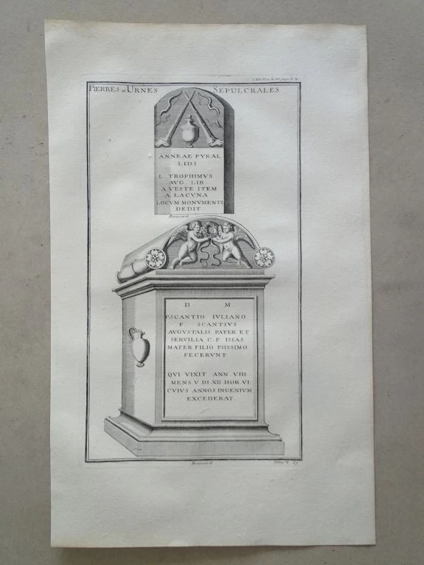 Urnes röm. Grabstein Inschrift Nekropole Amorini Montfaucon Kupferstich 1722 - Bild 1 von 1