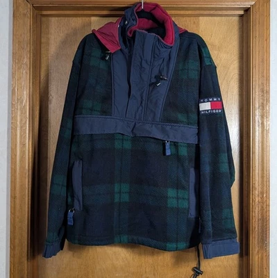 Vintage 90’s Tommy Hilfiger 1/4 Zip Fleece Jacket Size Large Plaid Blue & Green - Image 1 of 4