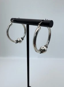 Sterling Silver SU 925 IN Hoop Earrings. Hinged Closure 1” Roped Ball Design - Picture 1 of 10