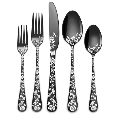 30Stk.Schwarz Matt Edelstahl Besteck-Set für 6 Personen mit Blumenspiegel Muster - Bild 1 von 4