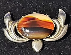 Vintage/Antique Sterling Silver and Moss Agate Brooch Pin - Picture 1 of 12