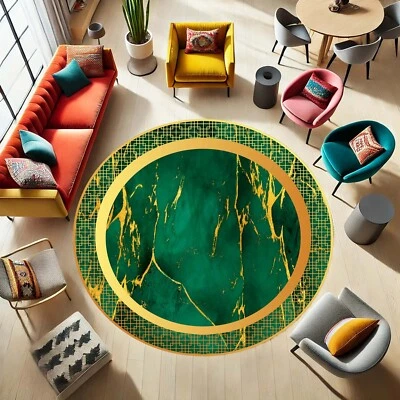 Green Round Rug, Luxury Circle Mat, Marble Style Rug, Gold Accent Rug, - Image 1 of 4