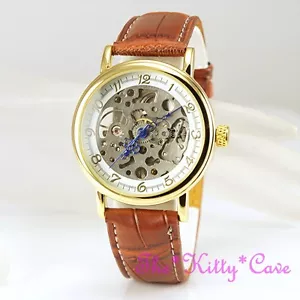 Reloj Steampunk Unisex Cuero Bronceado Mecánico Esqueleto Hueco Enchapado en Oro - Imagen 1 de 12