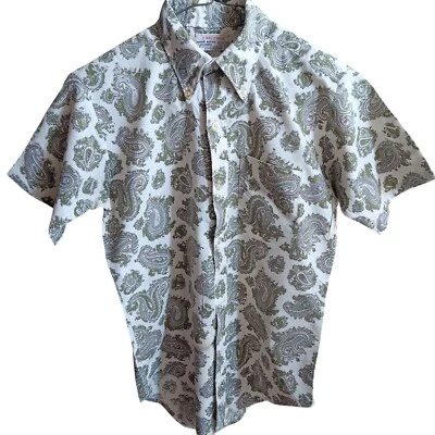 XS 14 Vintage Brent Prep Short-Sleeve Paisley Button-Up Shirt 70's Oxford Collar - Image 1 of 4