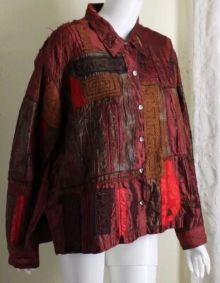 Chico's Design 3 XL Silk Spectacular Art-to-Wear Patchwork Shades of Red Jacket  - Image 1 of 4