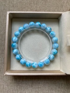 9.5mm Larimar Blue Cabochon Atlantis Blue Pectolite Gemstone Beads Bracelet - Picture 1 of 9