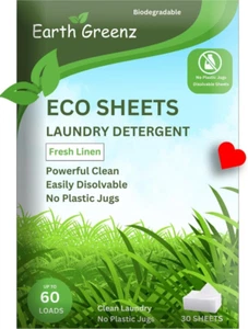 Laundry Detergent Sheets - Fresh Linen - No Plastic Jug (60 Loads) 30 Sheets - Picture 1 of 12
