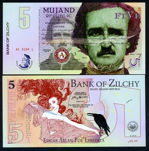 Mujand Republic 5 Zilchy, 2015, UNC Edgar Allan Poe - American Writers POLYMER F - Bild 1 von 1