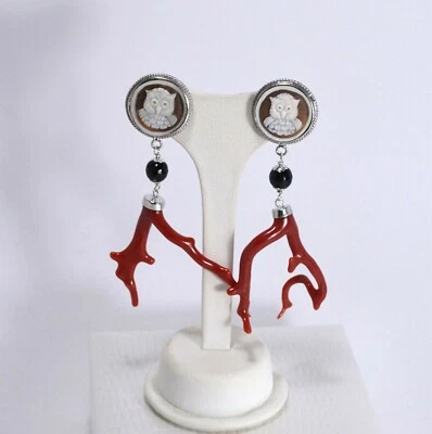 ORECCHINI IN ARGENTO 925 CON CORALLO ROSSO E CAMMEI "GUFI "            AGHT 0781 - Immagine 1 di 3