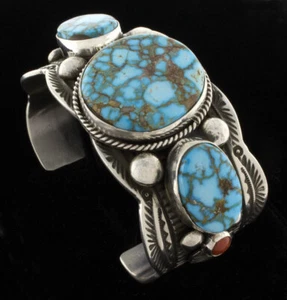 Natural Birdseye Kingman Turquoise & Coral Bracelet By Navajo Artist Guy Hoskie - Picture 1 of 5