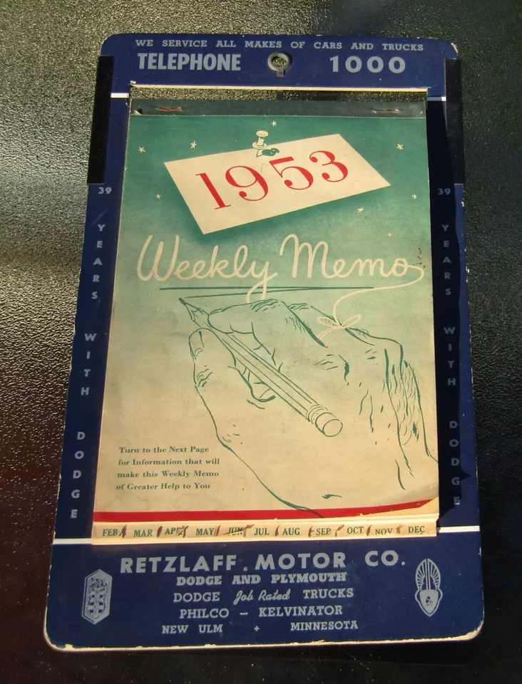 1953 Retzlaff Motors Dodge And Plymouth New Ulm Minnesota Weekly Memo Calendar - Image 1 of 4