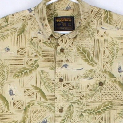Woolrich Hawaiian Shirt Men L Tall Chest 50 inch Cotton Kayak Canoe Leaves Aloha - Image 1 of 4