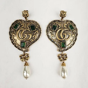Gucci Cruise Large Gold Heart Earrings w/Green Gems Tiger Head and Pearl 492243 - Picture 1 of 9