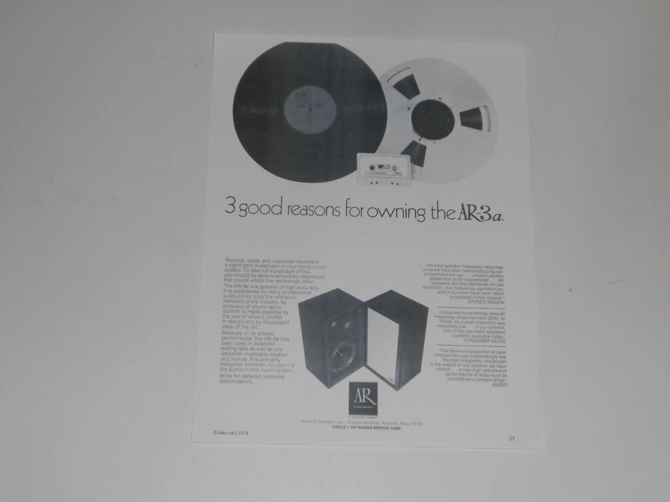 Anuncio de altavoz Acoustic Research AR-3a, 1 página, 1974, artículo e información Foto 1 de 1