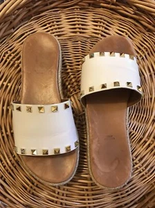 Giulia Palai Women's Wide Straps Gold Embellish Leather Slides Sandals White 9 - Picture 1 of 7
