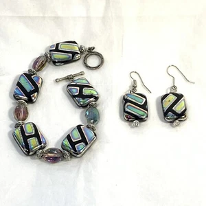 Handcrafted Art Glass Crystal Bead Bracelet Earrings Jewelry Set Black Lustre - Picture 1 of 12