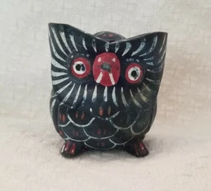 Pottery Owl Figurine Black w/ White Red & Yellow Details 2"Tall 2"Across 3" Long - Picture 1 of 5