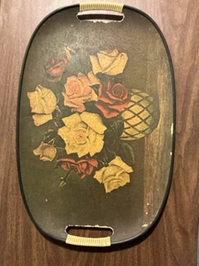 Floral SERVIERTABLETT PLATTE Blumentopf Faserplatte Vintage MCM grün gelb rot - Bild 1 von 3