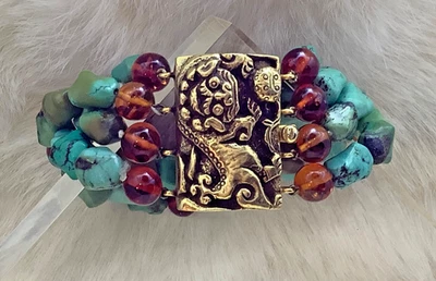 Alice Kuo Türkis Bernstein Perlen Armband verziert chinesischer Drache Messing Verschluss 1980er - Bild 1 von 4