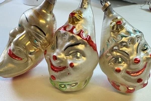 Lot 3 Antique Mercury Glass Ornaments Clown Moon Face Deco Poland Rare - Picture 1 of 11