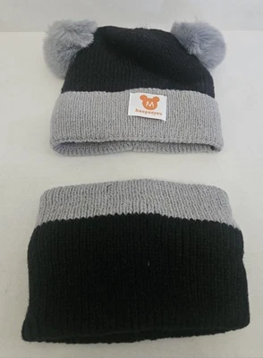 Mickey Mouse Themed Knitted Cap Children/Baby Hat & Scarf Winter Soft- Black - Image 1 of 4