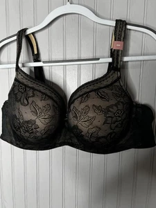 Cacique Bra Womens 44C Black Lace Full Coverage Underwire Sheer Floral Modern - Picture 1 of 7