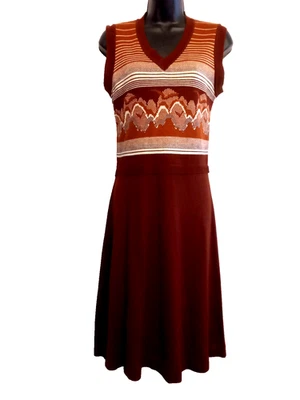 1960-е Mod платье без рукавов 11/12 истинный винтажный ржавчины с птиц шерстяная смесь эластичной вязки - Изображение 1 из 4