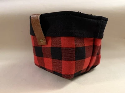 Cesta Buffalo a cuadros con asas de cuero - Cesta de tela con forro de vinilo negro 6x6 Foto 1 de 4