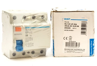 CHINT 63 AMP 63A 30mA FOUR POLE 4P RCCB 30mA 200225 TYPE AC NL1-63 - Image 1 of 4
