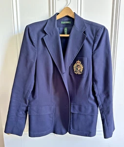 LAUREN Ralph Lauren Women's Navy Blue Crest Blazer Size 16 Three Button Sleeve - Picture 1 of 7