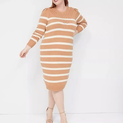 LANE BRYANT - Long Puff-Sleeve Striped Sweater Dress - Изображение 1 из 4