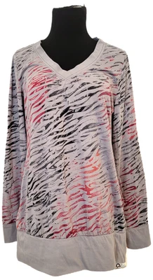Cotton Blend Top Size X-Large MUDD Gray V-Neck with Red Black Tiger Stripes - Image 1 of 4