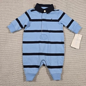 Ralph Lauren Baby Boys Rugby Stripe Coverall Long Sleeve Romper Blue Sz Newborn - Picture 1 of 10